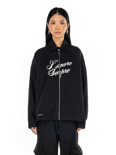 Giacca camicia con zip nera L’amore sempre, indossata, vista davanti, color_black