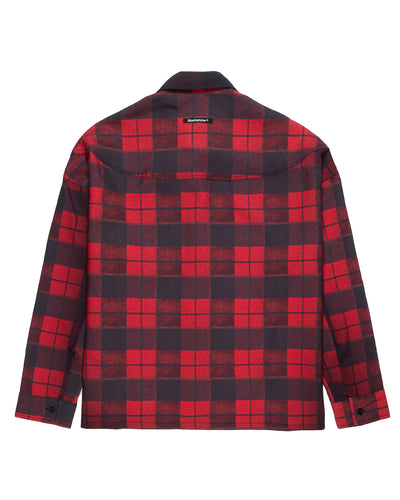 Red and black Tartantribe long sleeve shirt, back view