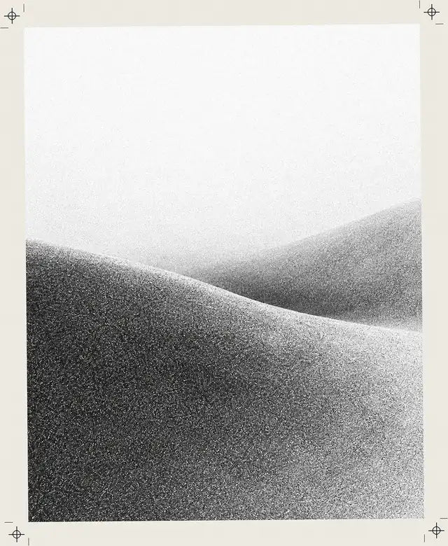 Deux dunes de grain en noir et blanc sous un ciel de brume.