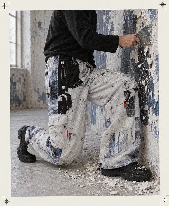 Вымышленный человек в брюках карго Rugged стоит на коленях и скребет стену в белой извести, кадр обрезан по плечам, чешуйки падают на пол.