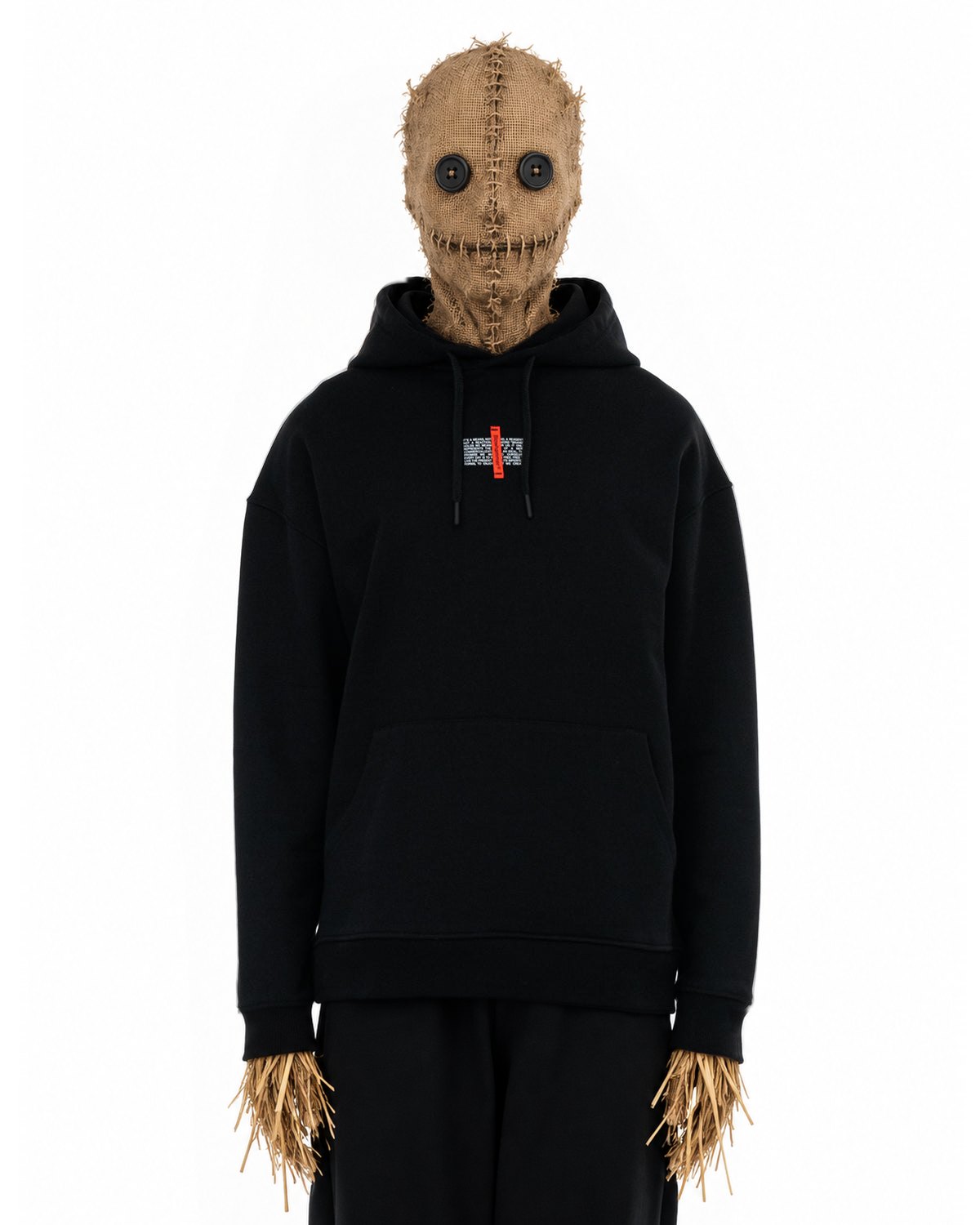 Invented character, burlap scarecrow with button eyes, wearing Flag Hoodie