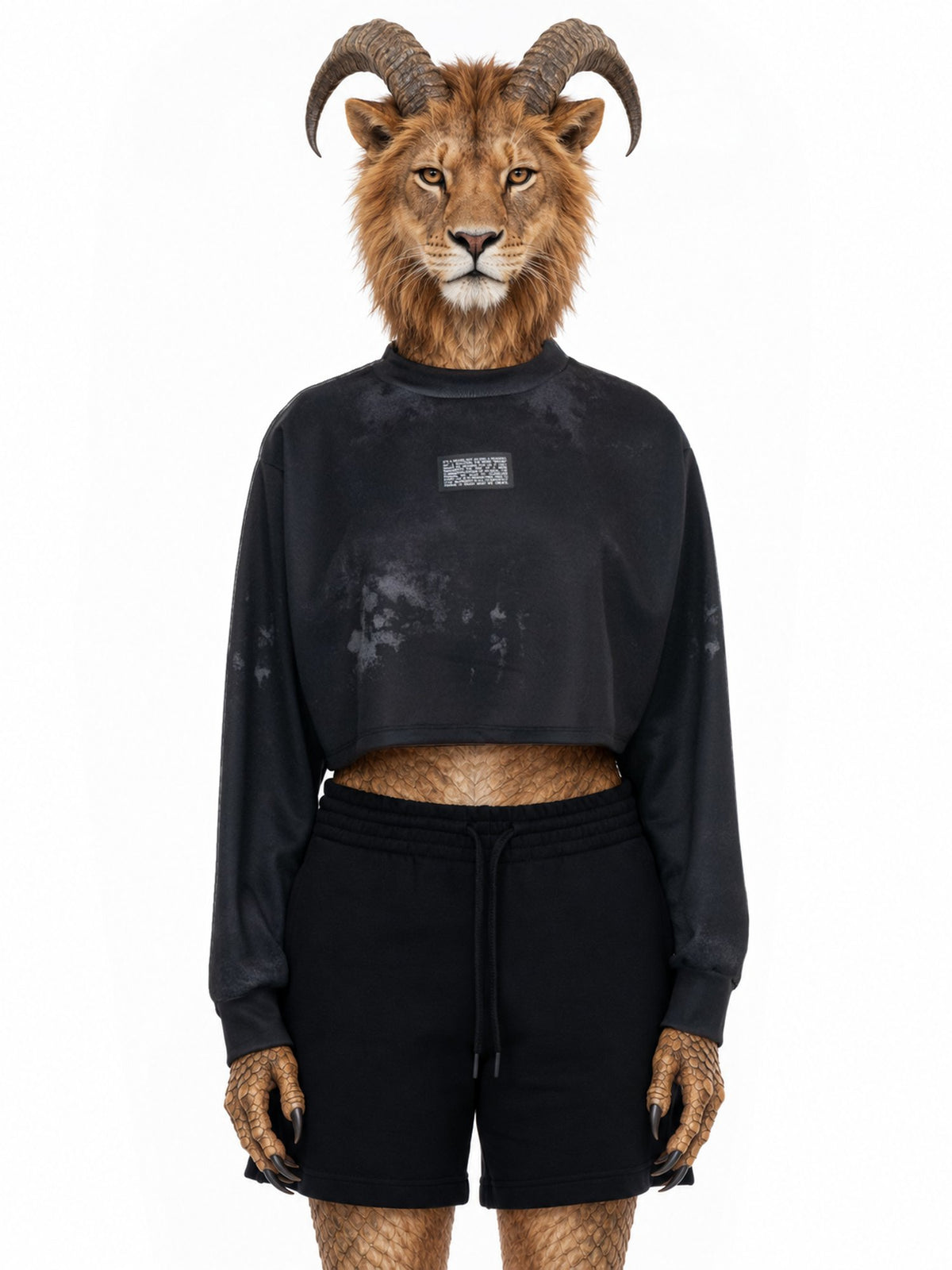 Wymyślona postać, chimera z głową lwa i rogami kozła, model Triodrome bluza crop