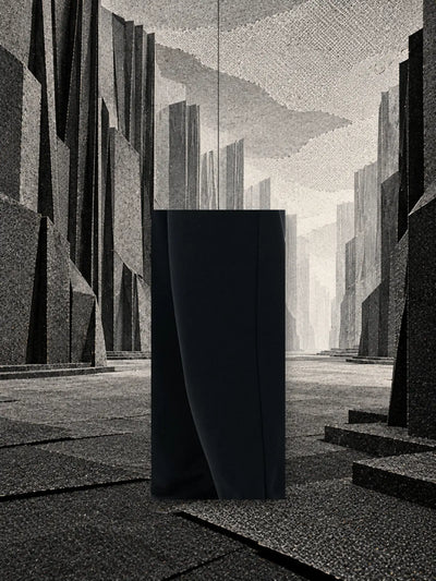 A piece of the leg of the black Classic Black joggers, with a pale paper border, hanging on a thread among blocks of dark paper.