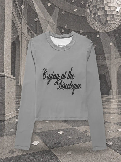 The grey Crying@Disco long sleeve t-shirt in an empty grey paper ballroom, under a mirror ball made of paper.