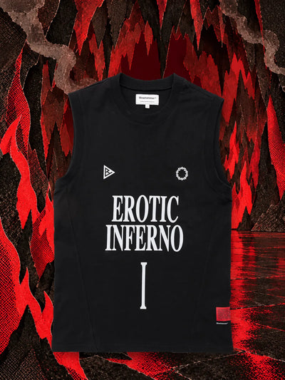 The black Erotic Black tank top in a black paper cave, among red paper flames.