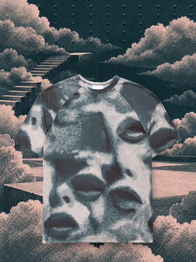 The teal and pink Militant Maw t-shirt among pink and teal paper clouds, above the void.