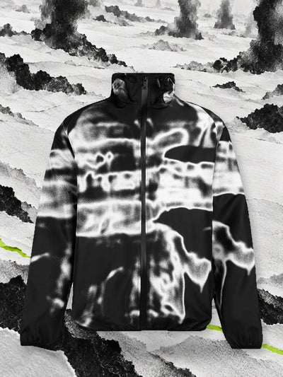 The black and white Rift windbreaker on paper snow, among columns of black smoke.