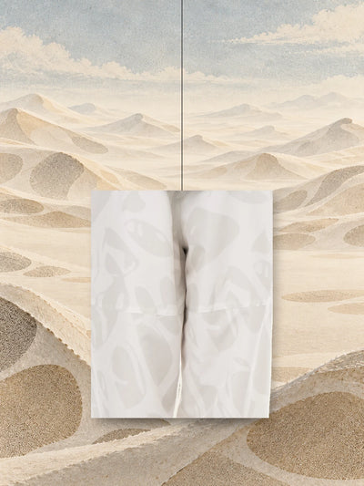 Un pezzo della stampa dei joggers avorio Strand Ivory, appeso a un filo sopra dune di carta color sabbia.