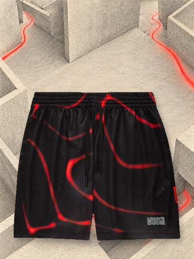 The black Tide bermuda shorts in a corridor of pale paper, with a thread of red paper running through the air.