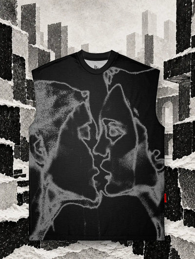 The black Unkiss Black tank top among cubes of torn white and black paper, under the snow.