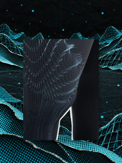 A piece of the leg of the black UV Wired leggings, with the printed light blue mesh, hanging on a thread among waves of light blue paper mesh in the dark.
