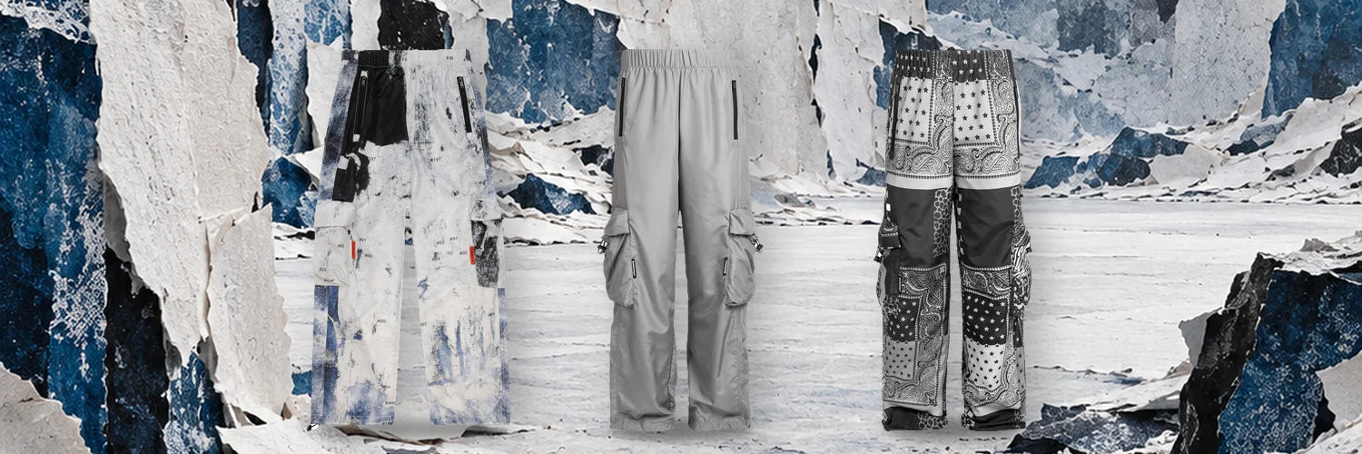 The Rugged, Coloured and Romanticbandana cargo trousers standing in a paper gorge scraped down to indigo.