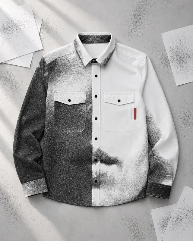 Cămașa Mouth așezată pe o masă gri, cu imprimeul transformat într-o broderie deasă.
