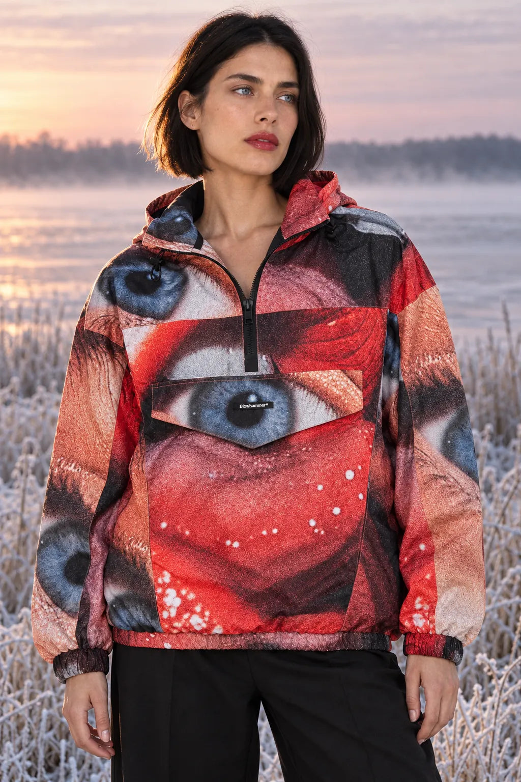 Opfundet person ved bredden af en frossen sø ved daggry, i Love Act Anorak