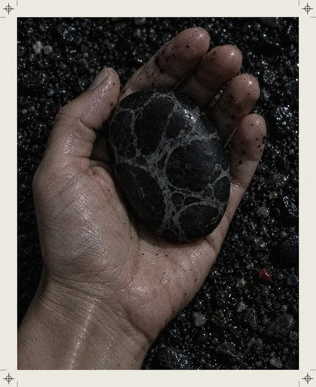 O mână udă ține în palmă un galet negru cu vinișoare deschise ca imprimeul Strand, deasupra pietrișului întunecat, iar alături e o pietricică roșie.
